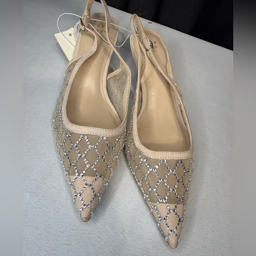 A New Day Elegant Champagne/Beige Slingback Heels W/ Rhinestone Accents NWT